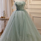 Elegant Green Off The Shoulder Tulle Prom Dresses