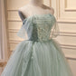 Elegant Green Strapless Evening Gown Off The Shoulder Tulle Prom Dresses