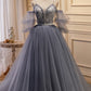 Chic Grey Short Sleeves A Line Tulle Long Prom Dresses