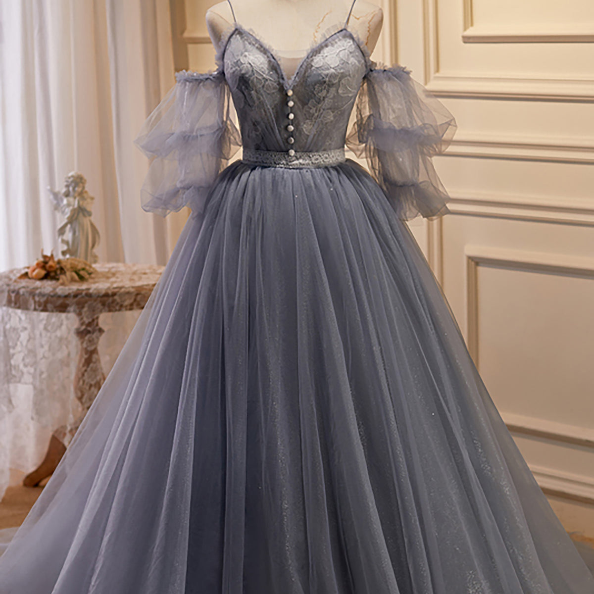 Chic Grey with Sleeves A Line Tulle Ball Gown Prom Dresses Chic Grey with Sleeves A Line Tulle Ball Gown Prom Dresses