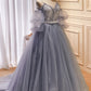Chic Grey with Sleeves A Line Tulle Ball Gown Prom Dresses