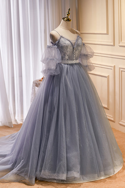 Chic Grey with Sleeves A Line Tulle Ball Gown Prom Dresses