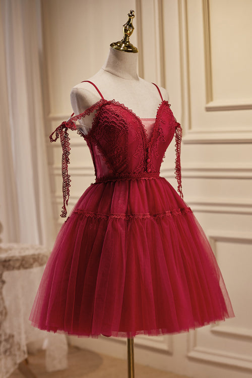 Appliques Burgundy Spaghetti Straps Tulle Wedding Guest Dress main image 1