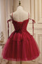 Burgundy Spaghetti Straps V Neck Homecoming Dresses with Pockets, V Neck Cocktail Dress C607