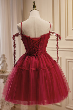 Spaghetti Straps Sweetheart Sheath Short Backless Burgundy Satin Homecoming Dresses C1460
