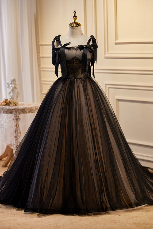 Black Straps Sleeveless Ball Gown Tulle Wedding Dress