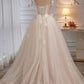 Spaghetti Straps Sleeveless Appliques A Line Tulle Long Prom Dresses