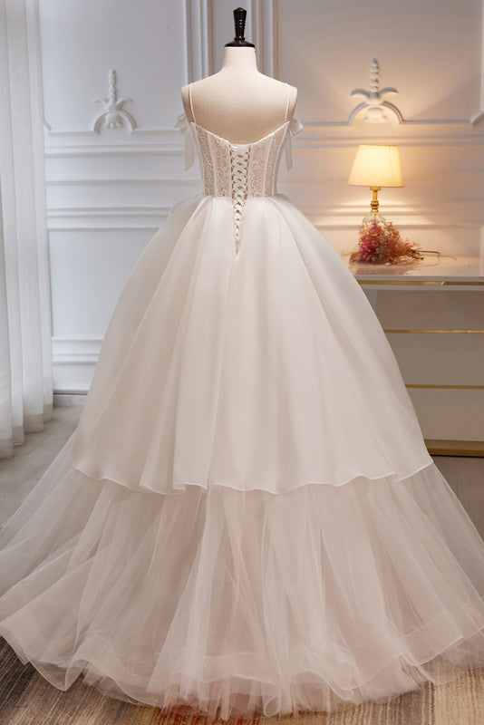 Elegant Ivory Spaghetti Straps Ball Gown with Bowknot A Line Tulle Long Prom Dresses