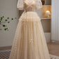 Charming Champagne V Neck Short Sleeves A Line Tulle Long Prom Dresses