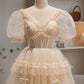 Charming Champagne V Neck Short Sleeves A Line Tulle Long Prom Dresses