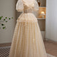 Charming Champagne V Neck Short Sleeves A Line Tulle Long Prom Dresses