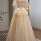 Charming Champagne V Neck Short Sleeves A Line Tulle Long Prom Dresses