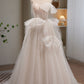 Stunning Ivory Spaghetti Straps Beading A Line Tulle Long Prom Dresses