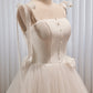 White Spaghetti Straps Bowknot A Line Tulle Long Prom Dresses