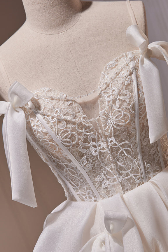 Satin Lace Ivory Spaghetti Straps A Line Weding Dress with Beading main image 0