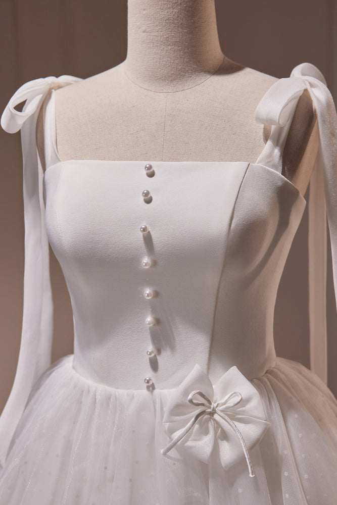 Simple Spaghetti Straps Tulle Satin A Line Birthday Outfits Short Homecoming Dress With Bow Y9537 main image 0