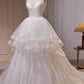White V Neck Spaghetti Straps Beading A Line Tulle Long Prom Dresses