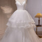 White V Neck Spaghetti Straps Beading A Line Tulle Long Prom Dresses