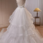 White V Neck Spaghetti Straps Beading A Line Tulle Long Prom Dresses