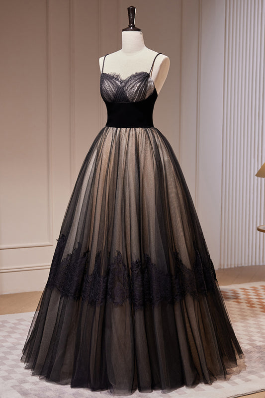 Simple Black Spaghetti Straps Lace Evening Gowns A Line Tulle Long Prom Dresses