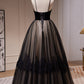 Simple Black Spaghetti Straps Lace Evening Gowns A Line Tulle Long Prom Dresses