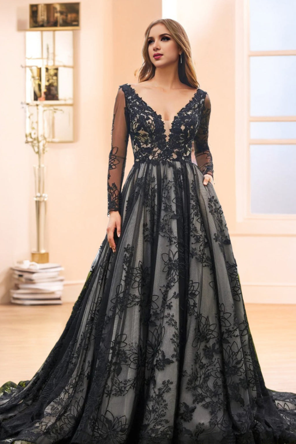 Lace Long Sleeve A Line V Neck Wedding Dress with Sweep Train
