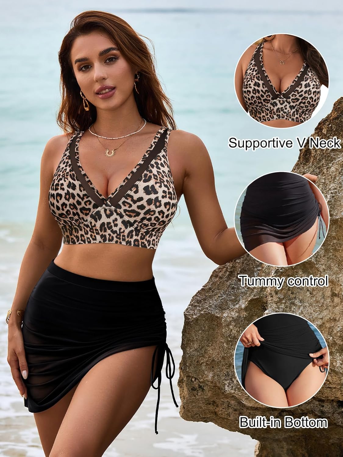 OmbreSwim - Womens Swim Skirt High Waisted Bikini Sets Tummy Control Swimsuits Mesh Sarong Wraps Bathing Suits