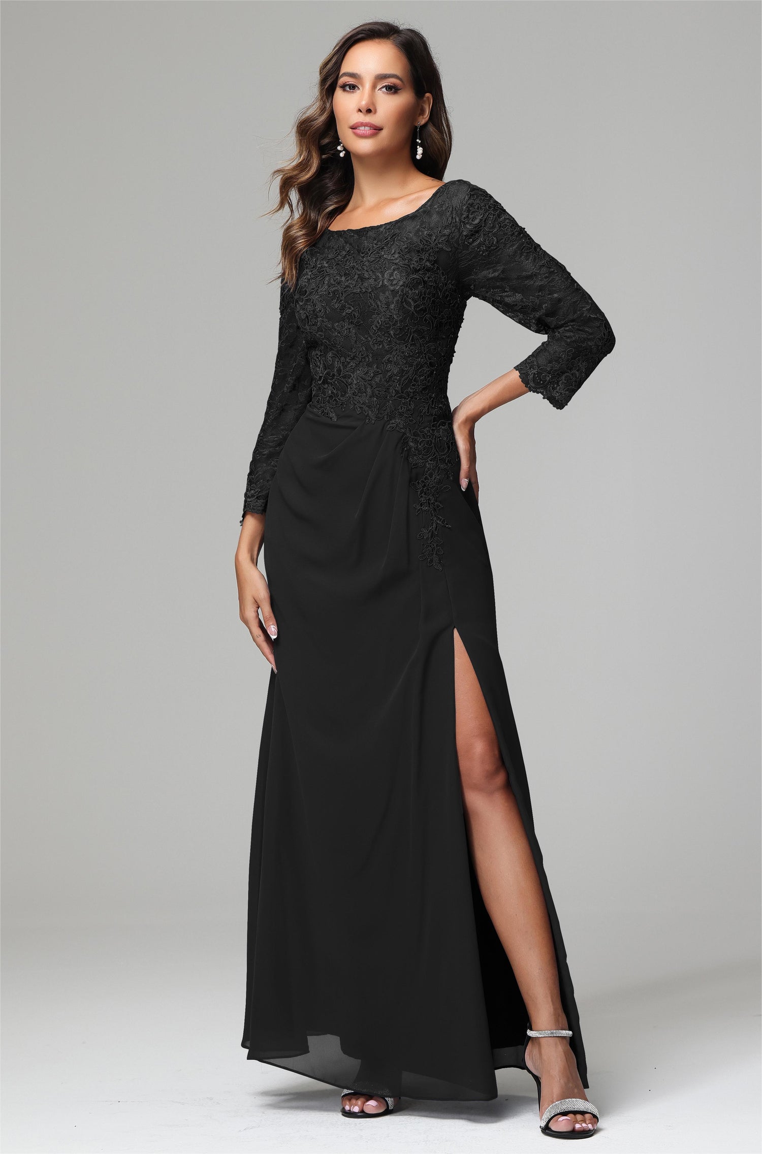 Long Sleeves Floor Length Chiffon Lace Mother Of The Bride Dress