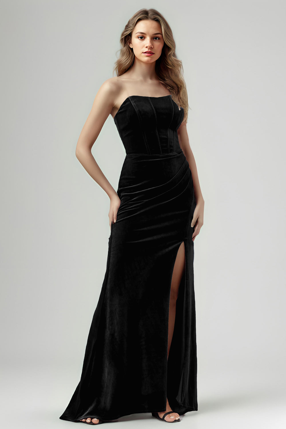 Black Mermaid Velvet Ruched Evening Dress With Slit