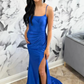 Royal Blue Mermaid Straps Long Prom Dress With High Slit