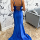 Royal Blue Mermaid Straps Long Prom Dress With High Slit