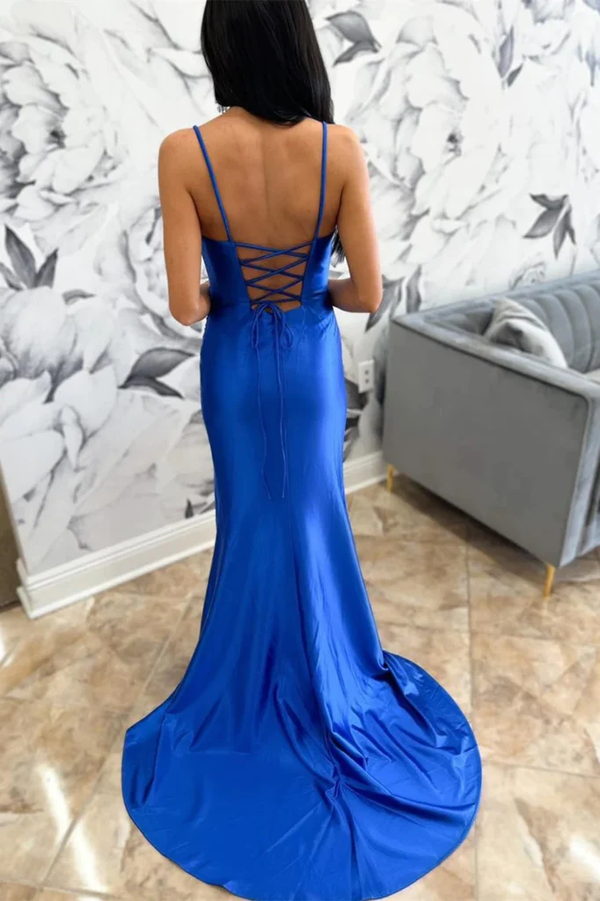 Elegant Long Royal Blue Mermaid Straps Velvet Prom Dress With Train main image 1