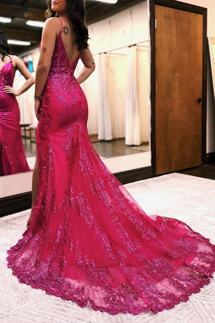 Hot Pink Mermaid Deep V-Neck Prom Dress With Appliques main image 1