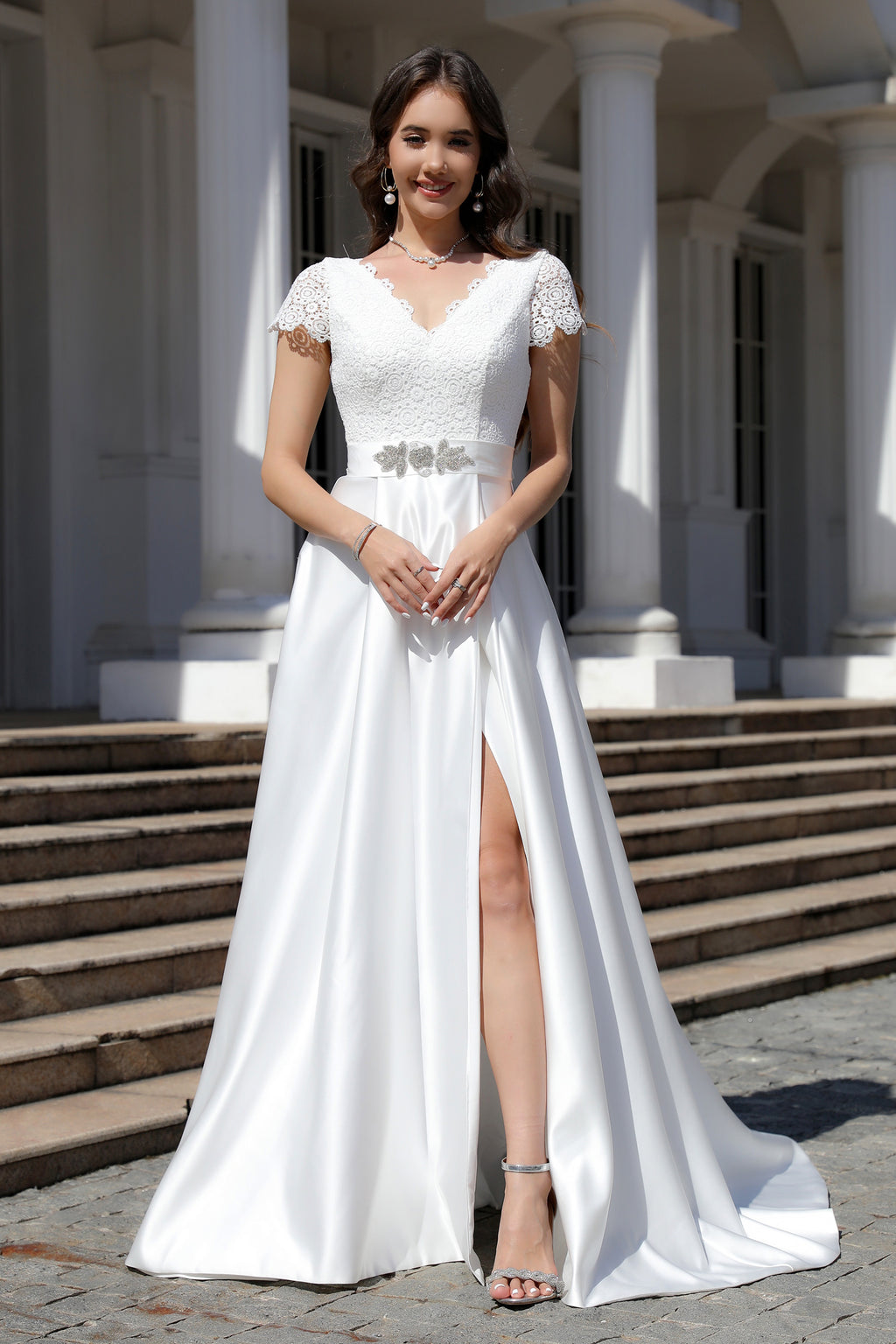 Minimalist Satin A Line Short Sleeve Wedding Dress with Belt Minimalist Satin A Line Short Sleeve Wedding Dress with Belt