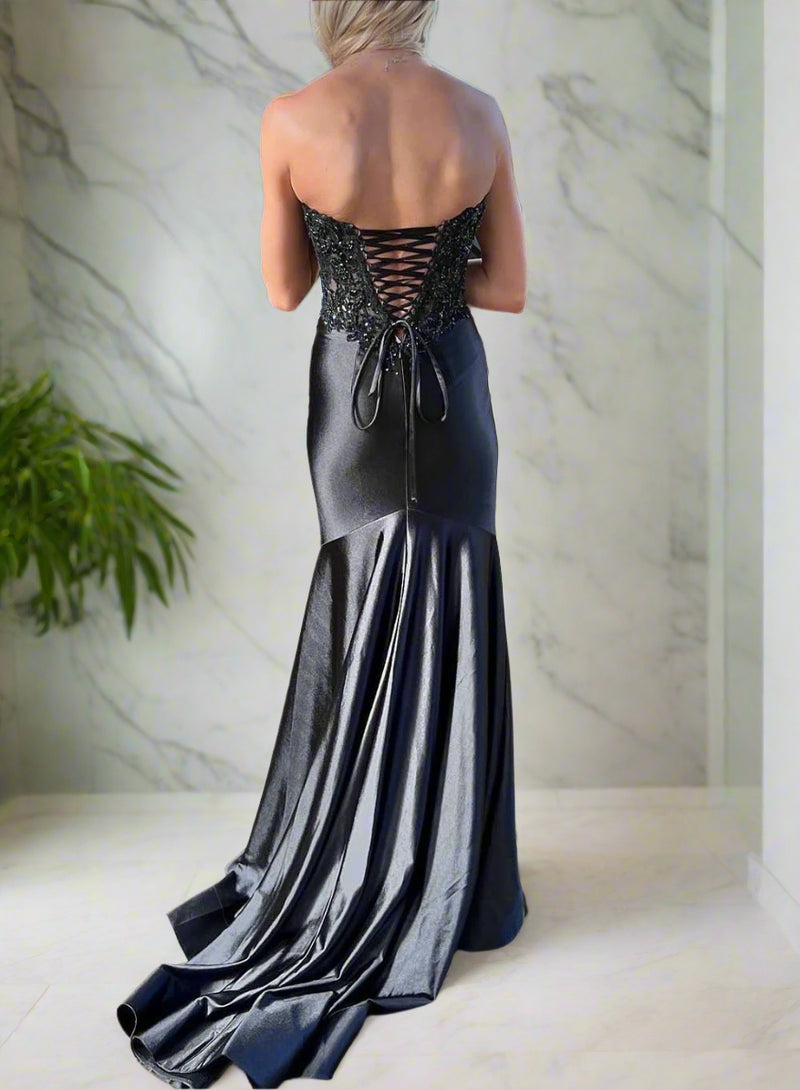 Sweetheart Applique Sheer Corset Dress With Slit Black main image 1