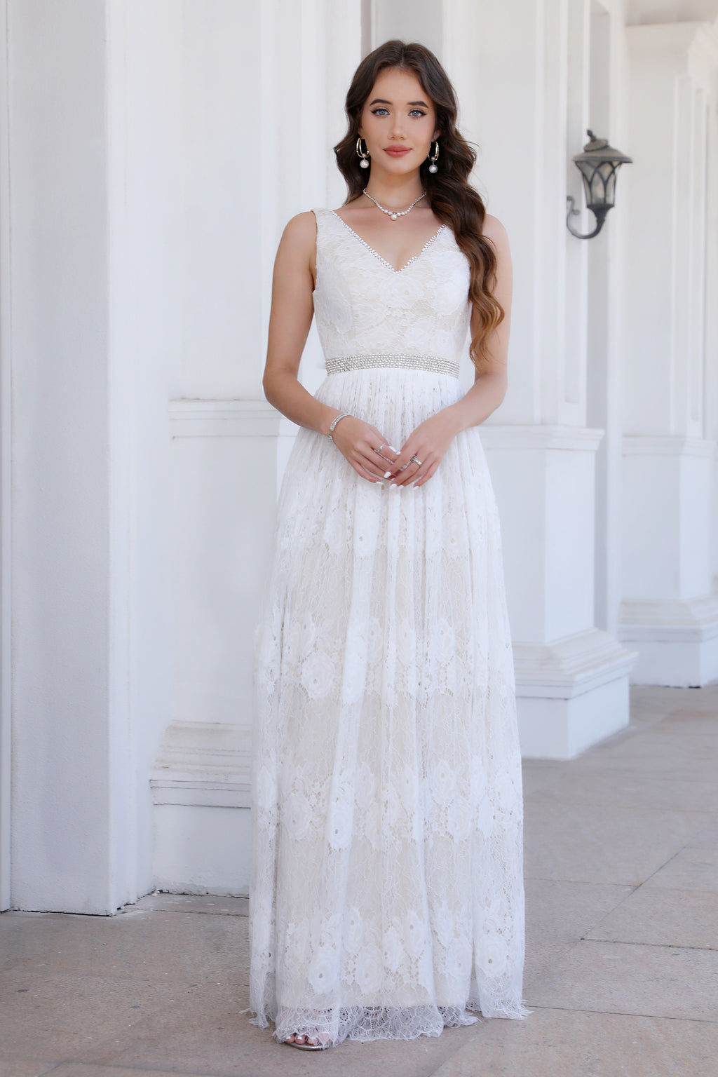 knee length dresses for ladies New Arrival Ivory Lace Sleeveless A Line Floor Length Bridal Gown