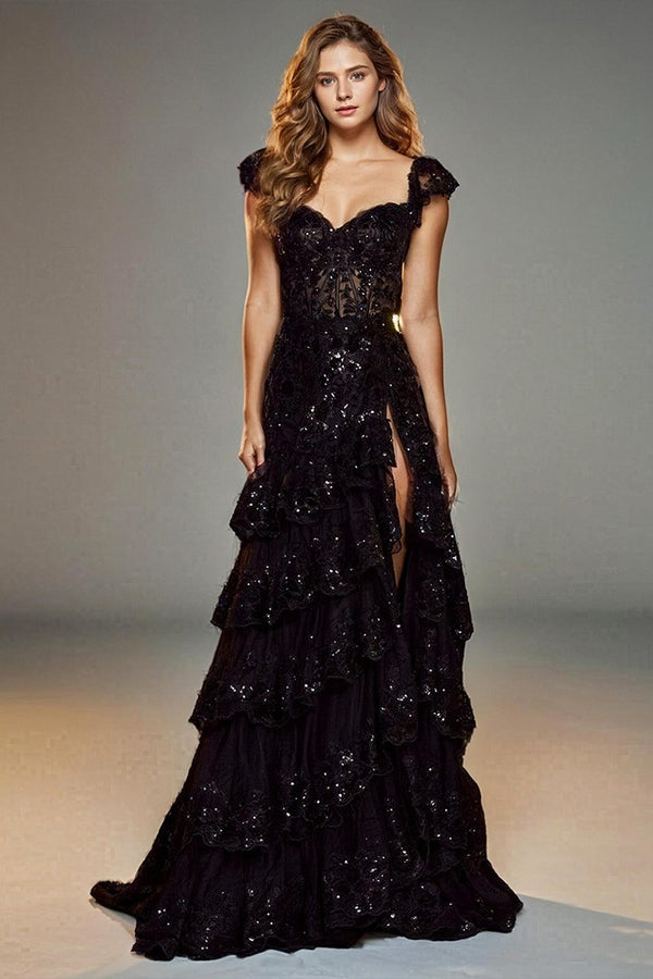 Black Sweep Train Prom Dresses