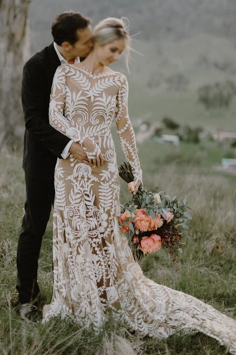 Boho Lace with Shawl V-neck Beach Wedding Dresses Champagne