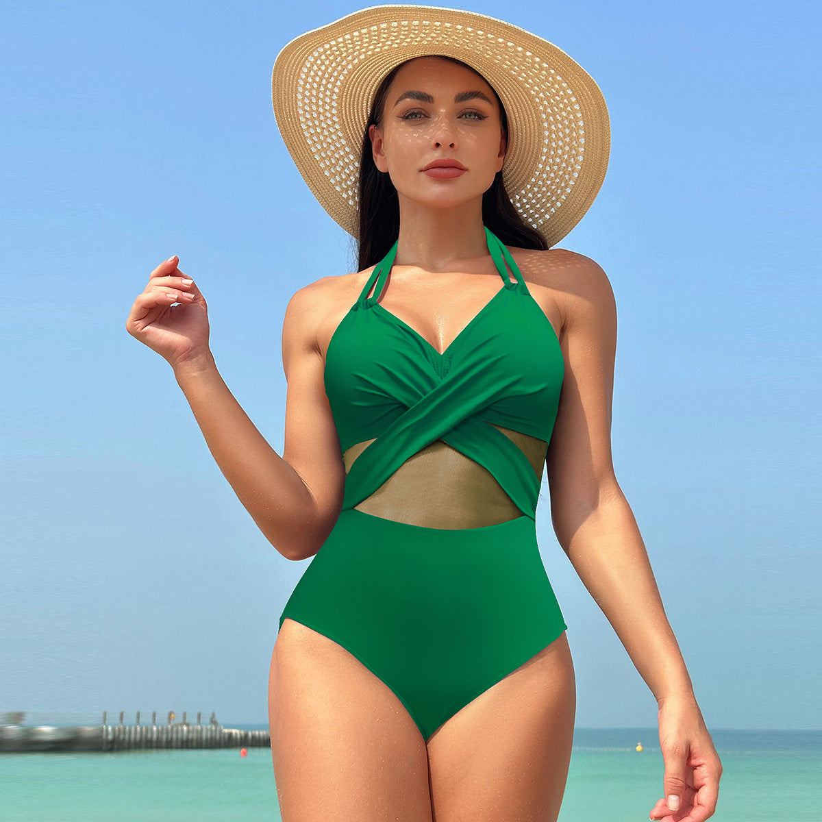 OmbreSwim - Women's One Piece Swimsuits Mesh Tummy Control High Waisted Bathing Suit Wrap Tie Back Cutout Swimsuit