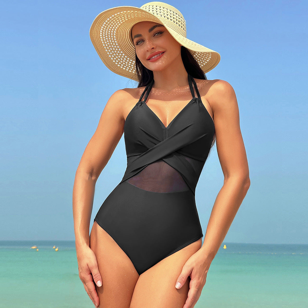 OmbreSwim - Women's One Piece Swimsuits Mesh Tummy Control High Waisted Bathing Suit Wrap Tie Back Cutout Swimsuit