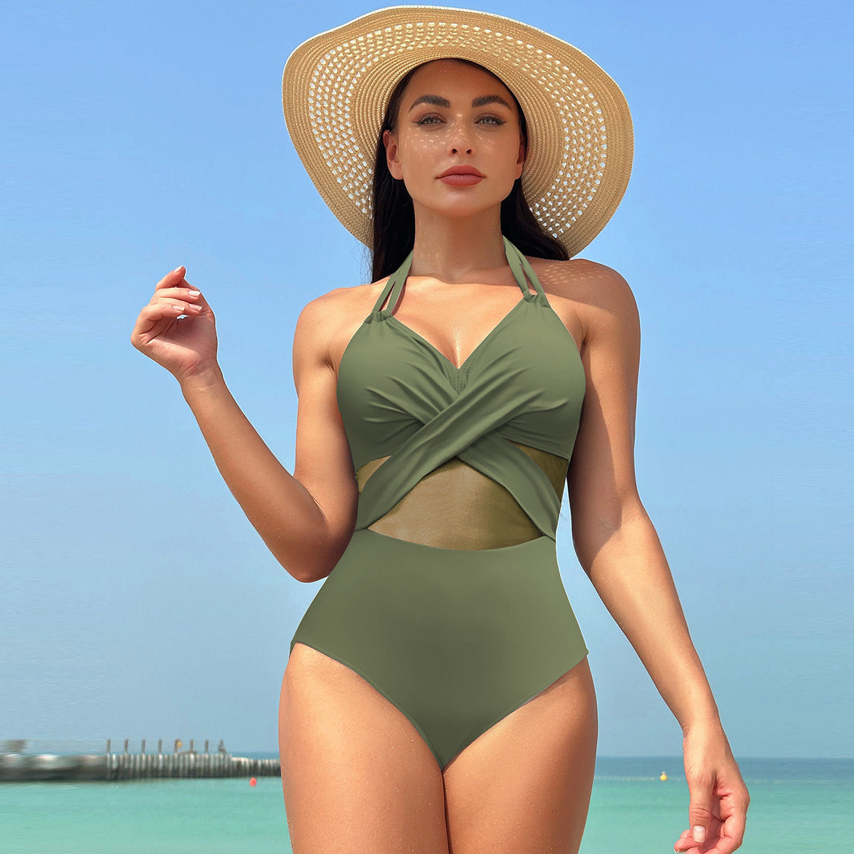 OmbreSwim - Women's One Piece Swimsuits Mesh Tummy Control High Waisted Bathing Suit Wrap Tie Back Cutout Swimsuit