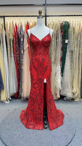 Gorgeous Spaghetti Strap Unique Round Cup High split Red Prom Dress  Y81