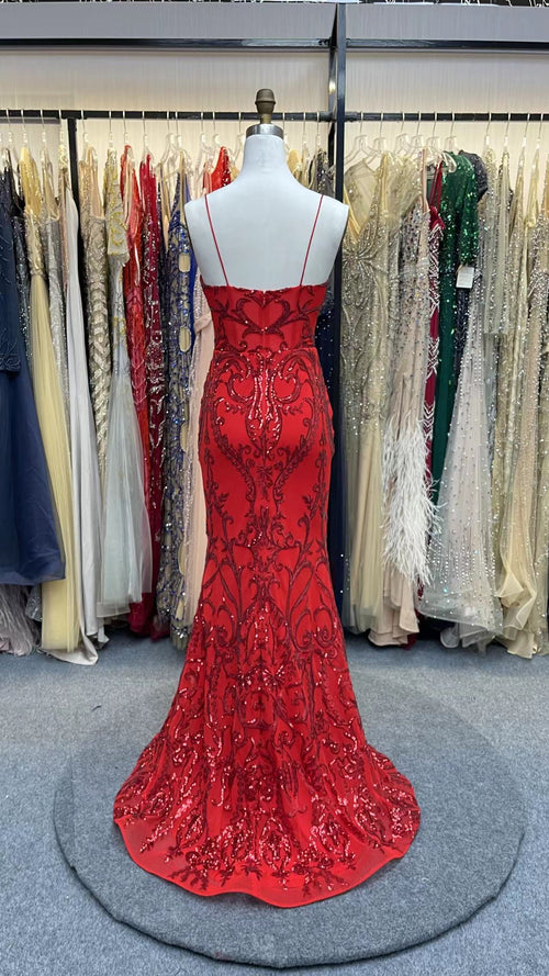 Sequin Spaghetti Straps V-Neck Red Long Prom Dress With Slit main image 0