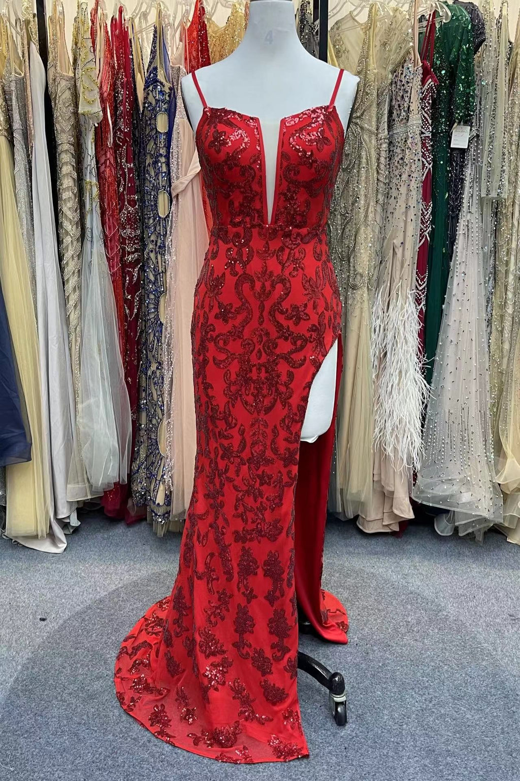 Mermaid Straps Deep V-neck Long Prom Dress with Slit