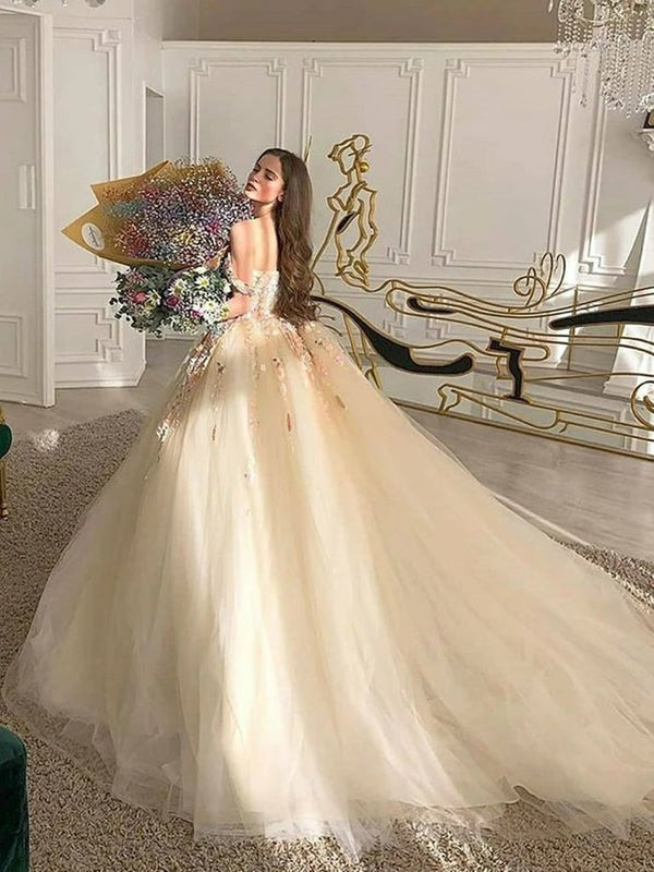 Champagne Off the Shoulder Ball Gown Applique Quinceanera Dress with Train