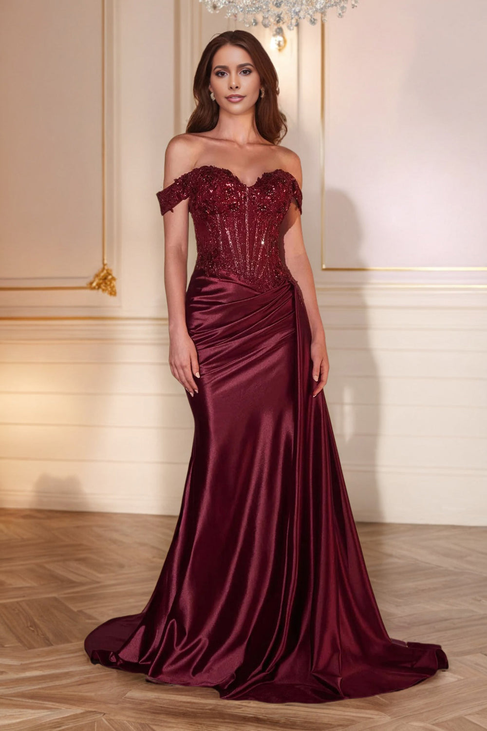 Off-the-shoulder Pleated Long Dress With High Slit Plum