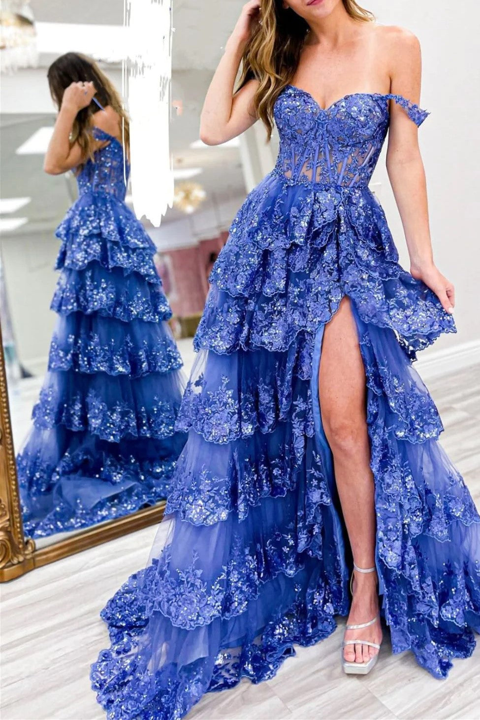 A-line Off the Shoulder Tiered Prom Dress with Ruffles main image 0