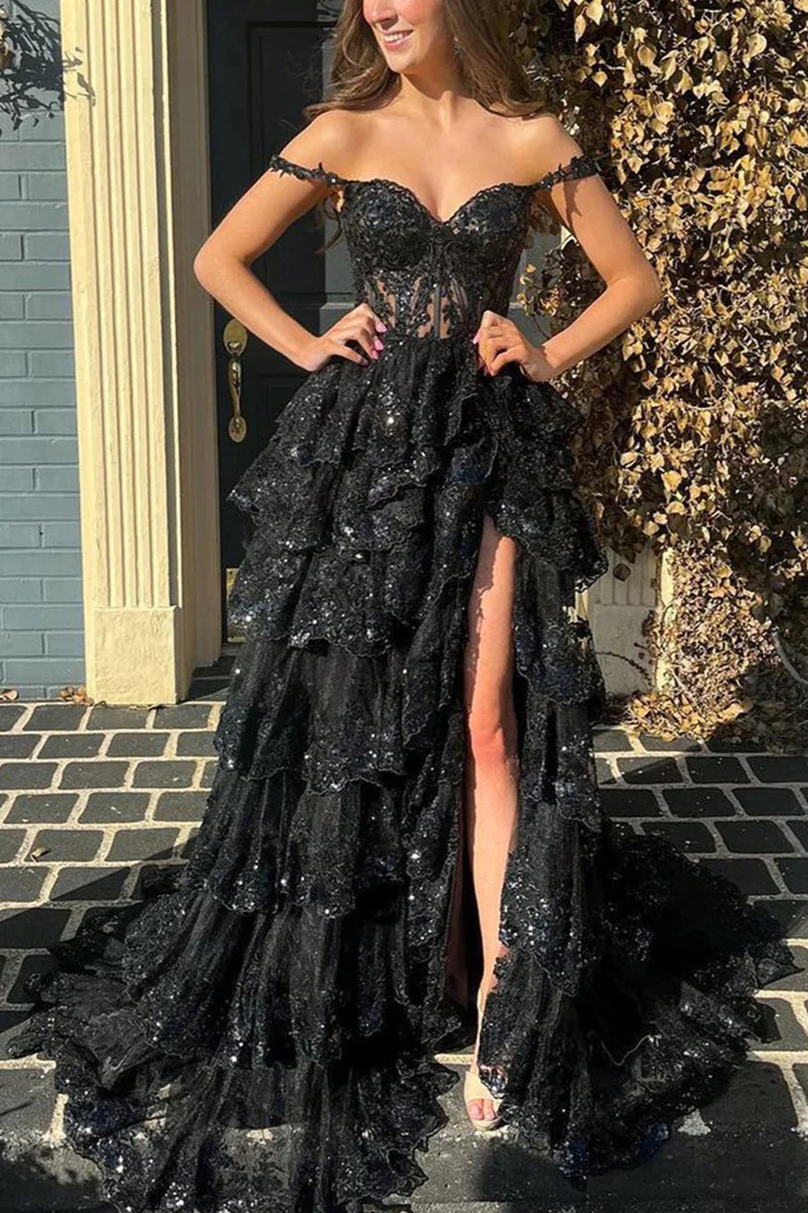 Off-The-Shoulder Pleated A-Line Prom Dress With Slit Taupe main image 1