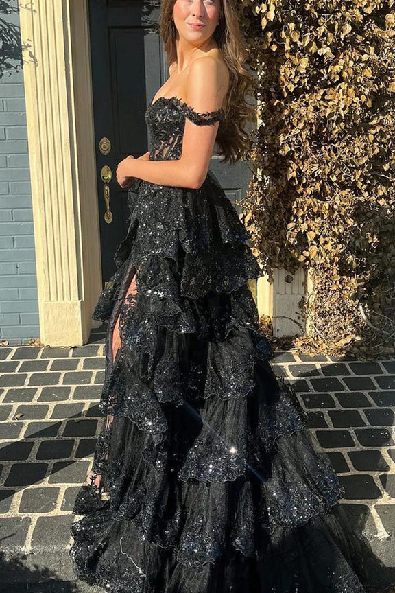Off the Shoulder Tiered Prom Dress Sparkly Lace Appliques Evening Part