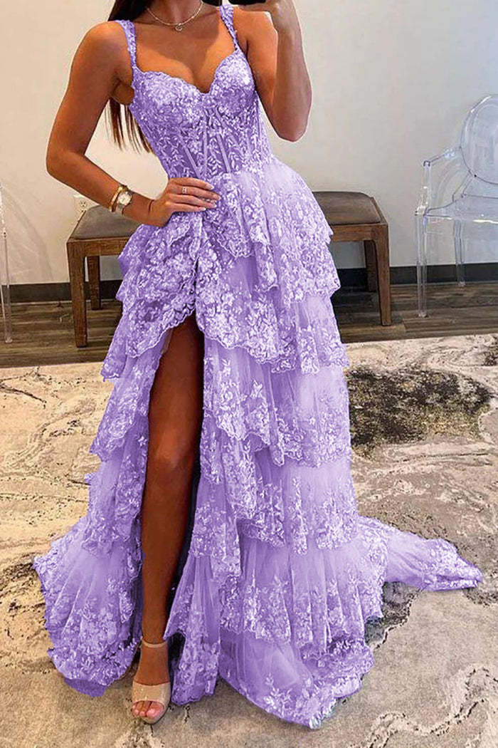 Off the Shoulder Grey Sparkly Tiered Ball Dress with Slit main image 1